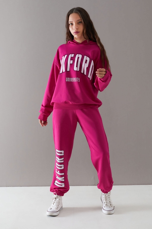 Fuşya Oxford Baskılı Kapüşonlu Kız Çocuk Eşofman Takımı 19755