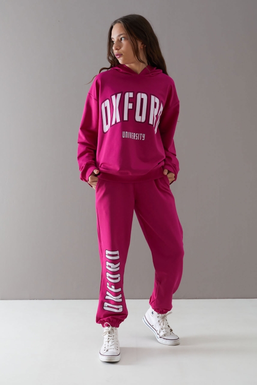 Fuşya Oxford Baskılı Kapüşonlu Kız Çocuk Eşofman Takımı 19755