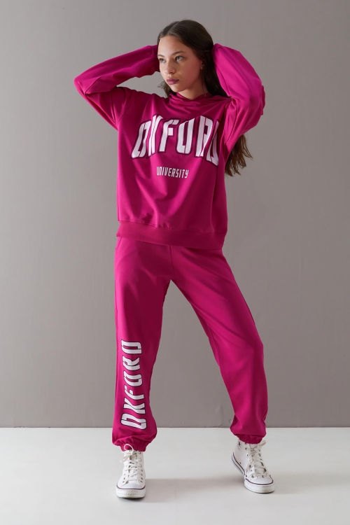 Fuşya Oxford Baskılı Kapüşonlu Kız Çocuk Eşofman Takımı 19755