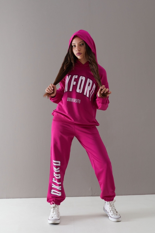 Fuşya Oxford Baskılı Kapüşonlu Kız Çocuk Eşofman Takımı 19755