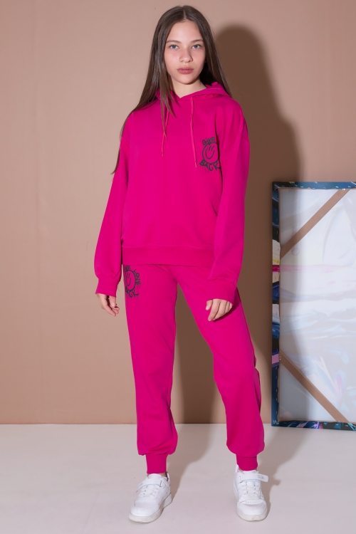 Fuşya Sırt Baskılı Kapüşonlu Kız Çocuk Eşofman Takımı 19565