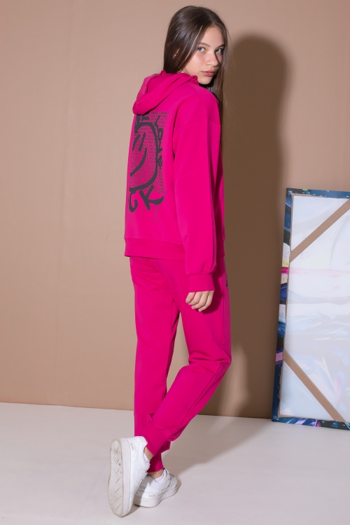 Fuşya Sırt Baskılı Kapüşonlu Kız Çocuk Eşofman Takımı 19565