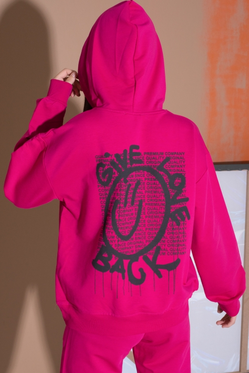 Fuşya Sırt Baskılı Kapüşonlu Kız Çocuk Eşofman Takımı 19565