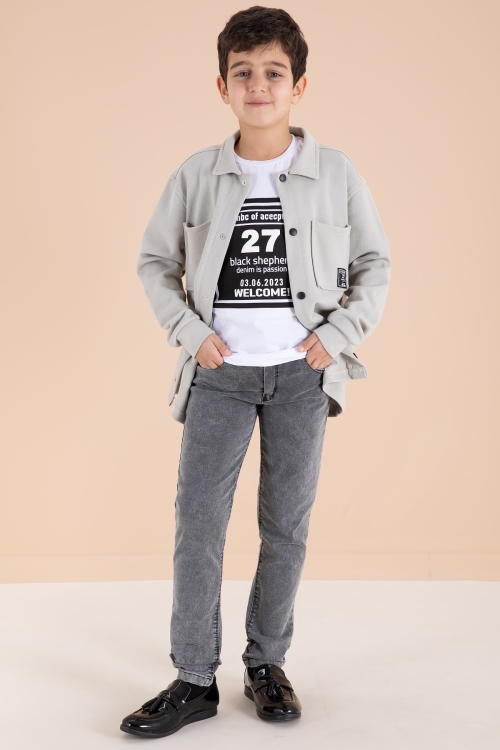 Gri Armalı Gömlekli Jean Pantolonlu Erkek Çocuk 3lü Takım 19992
