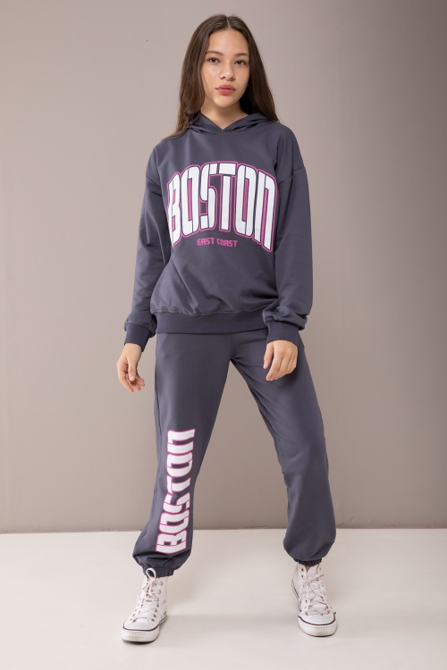 Gri Boston Yazılı Kapüşonlu Kız Çocuk Eşofman Takımı 19832
