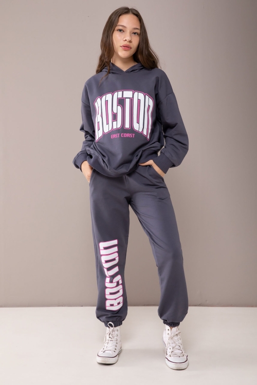 Gri Boston Yazılı Kapüşonlu Kız Çocuk Eşofman Takımı 19832