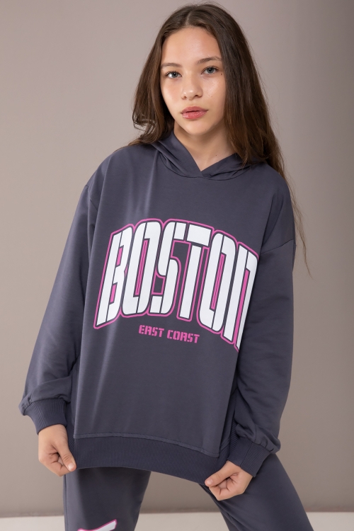Gri Boston Yazılı Kapüşonlu Kız Çocuk Eşofman Takımı 19832