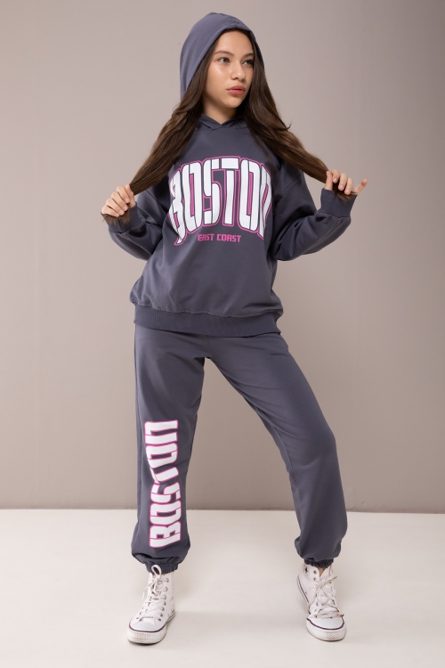 Gri Boston Yazılı Kapüşonlu Kız Çocuk Eşofman Takımı 19832