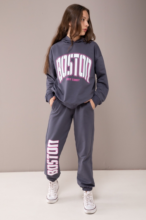 Gri Boston Yazılı Kapüşonlu Kız Çocuk Eşofman Takımı 19832