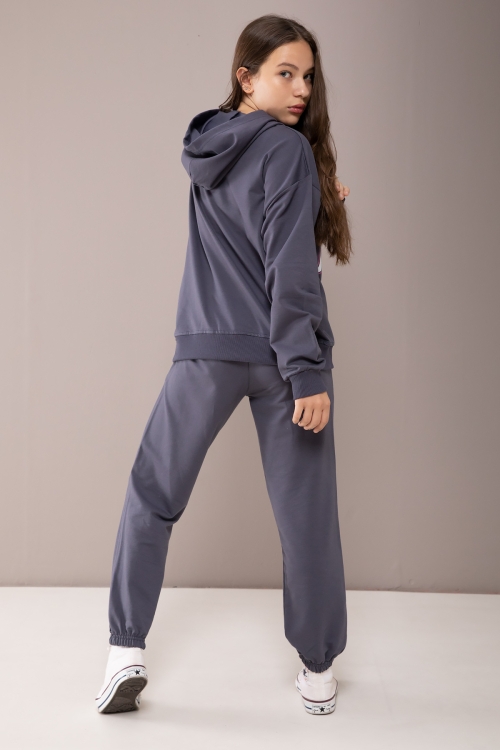 Gri Boston Yazılı Kapüşonlu Kız Çocuk Eşofman Takımı 19832