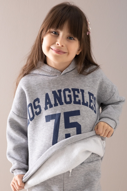 Gri California Baskılı Kapüşonlu Kız Çocuk Eşofman Takımı 19876