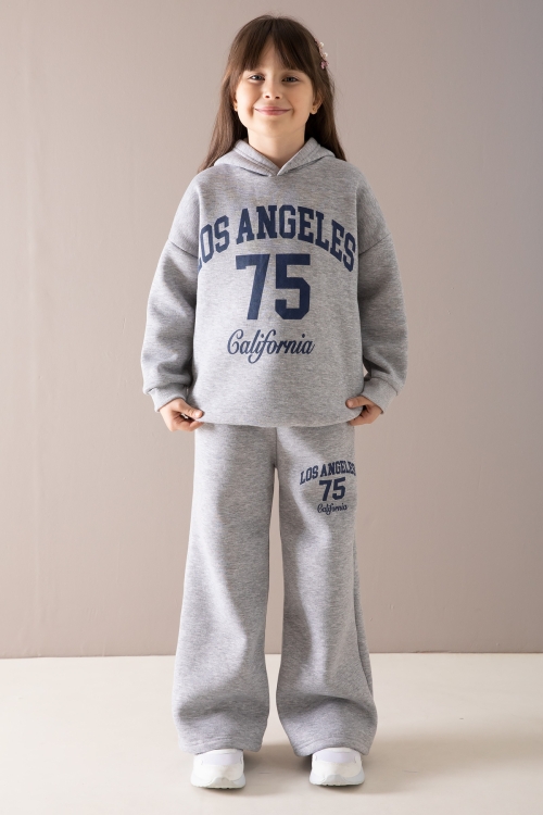 Gri California Baskılı Kapüşonlu Kız Çocuk Eşofman Takımı 19876