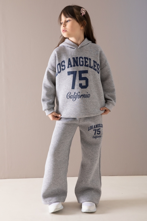 Gri California Baskılı Kapüşonlu Kız Çocuk Eşofman Takımı 19876