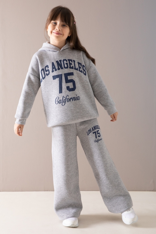 Gri California Baskılı Kapüşonlu Kız Çocuk Eşofman Takımı 19876