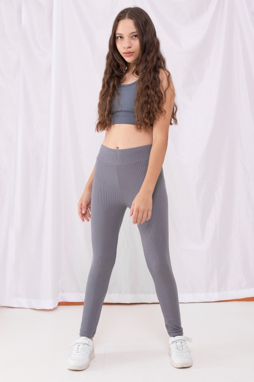 Gri Fitilli Kız Çocuk Düz Tayt 18999