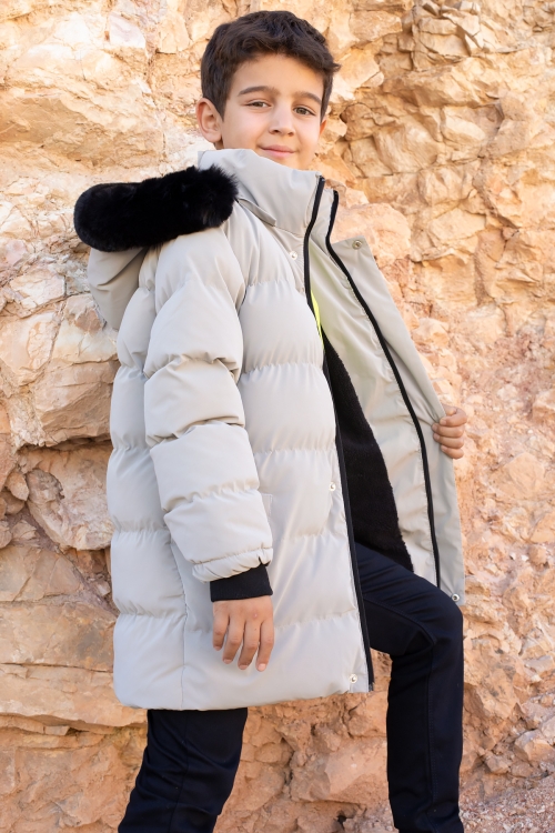 Gri İçi Kürklü Çıkarılabilir Kapüşonlu Erkek Çocuk Şişme Mont 19693