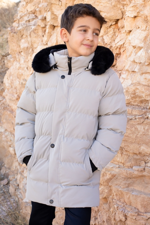 Gri İçi Kürklü Çıkarılabilir Kapüşonlu Erkek Çocuk Şişme Mont 19693