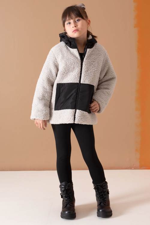 Gri Kanguru Cepli Kapüşonlu Kız Çocuk Peluş Hırka 19674