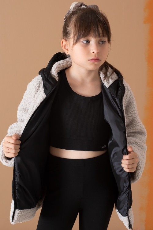 Gri Kanguru Cepli Kapüşonlu Kız Çocuk Peluş Hırka 19674