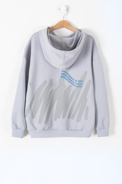 Gri Kaykaycı Nakışlı Yazılı Erkek Çocuk Kapüşonlu Sweatshirt 19637