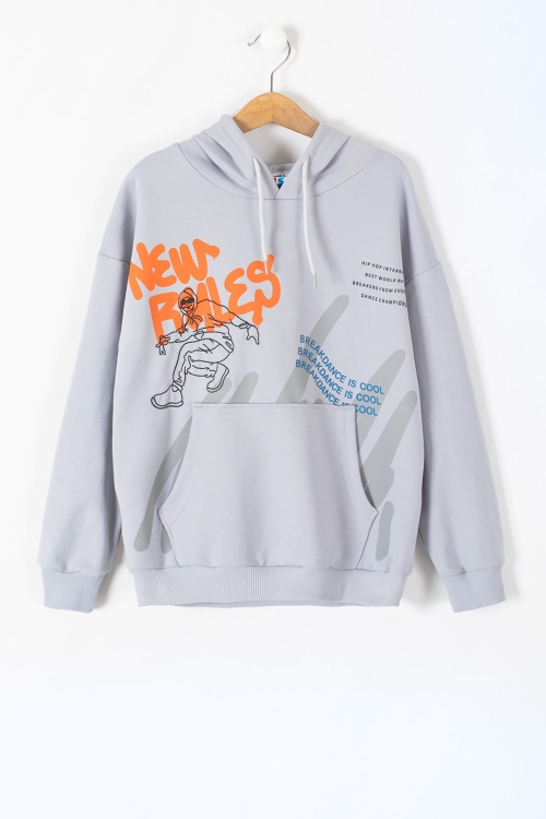 Gri Kaykaycı Nakışlı Yazılı Erkek Çocuk Kapüşonlu Sweatshirt 19637