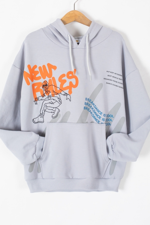 Gri Kaykaycı Nakışlı Yazılı Erkek Çocuk Kapüşonlu Sweatshirt 19637