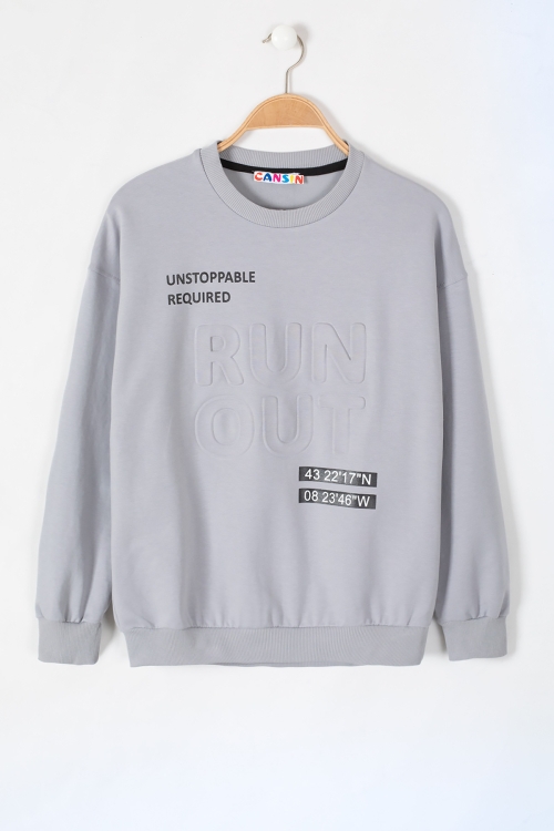 Gri Run Kabartma Yazılı Bisiklet Yaka Erkek Çocuk Sweatshirt 19634