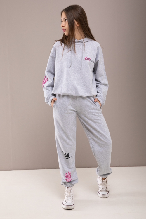 Gri Yazı Baskılı Kapüşonlu Kız Eşofman Takımı 19778