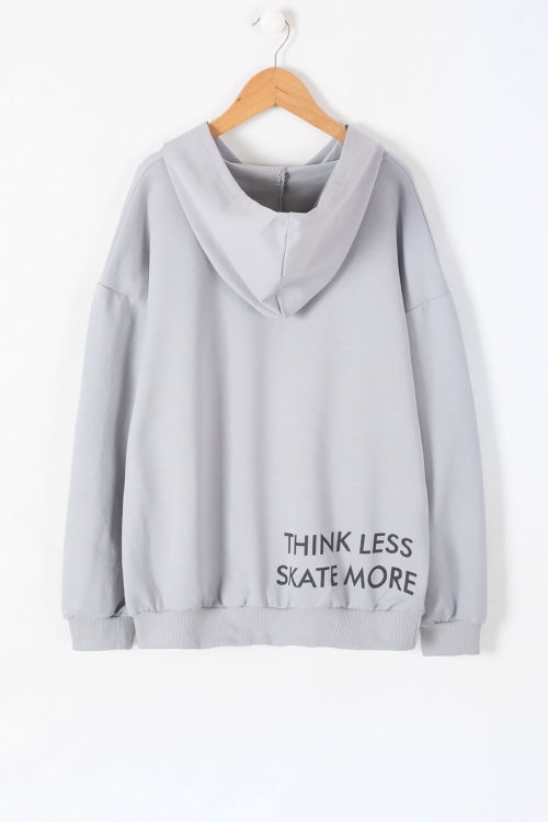 Gri Yazı Nakışlı Kanguru Cepli Erkek Çocuk Kapüşonlu Sweatshirt 19631