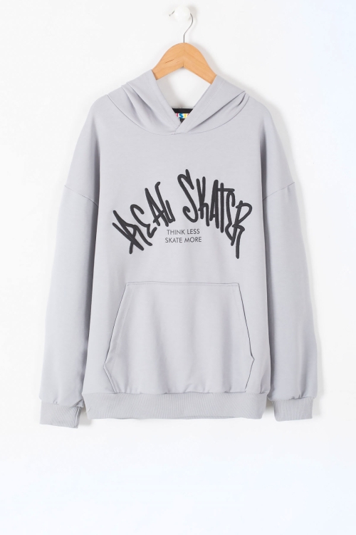 Gri Yazı Nakışlı Kanguru Cepli Erkek Çocuk Kapüşonlu Sweatshirt 19631