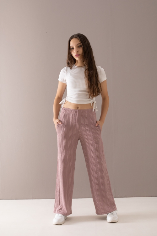 Gül Kurusu Geniş Paça Desenli Kız Çocuk Pantolon 19789