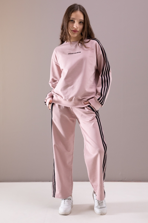 Gül Kurusu Yanları Şeritli Geniş Paça Kız Eşofman Takımı 19875