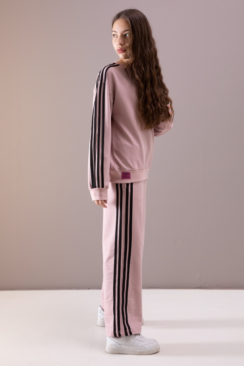 Gül Kurusu Yanları Şeritli Geniş Paça Kız Eşofman Takımı 19875