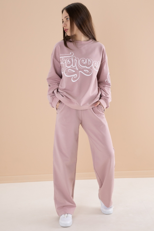 Gül Kurusu Yazı Baskılı Kız Beli Lastikli Eşofman Takımı 19895