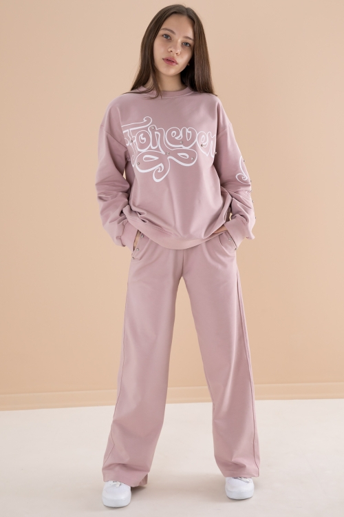 Gül Kurusu Yazı Baskılı Kız Beli Lastikli Eşofman Takımı 19895