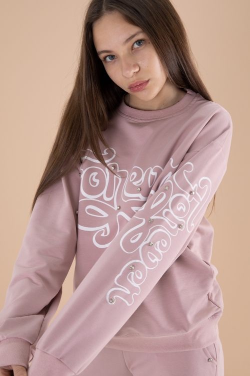 Gül Kurusu Yazı Baskılı Kız Beli Lastikli Eşofman Takımı 19895