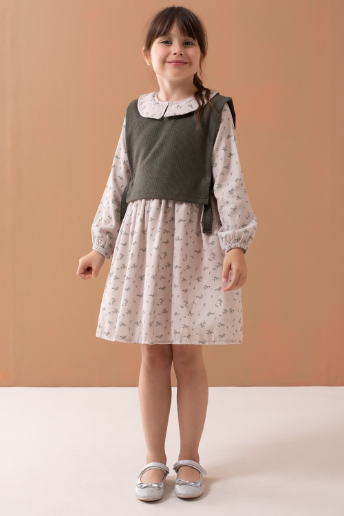 Haki Çiçek Desenli Süveterli Uzun Kol Kız Çocuk Elbise 19547