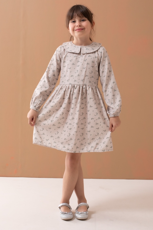 Haki Çiçek Desenli Süveterli Uzun Kol Kız Çocuk Elbise 19547