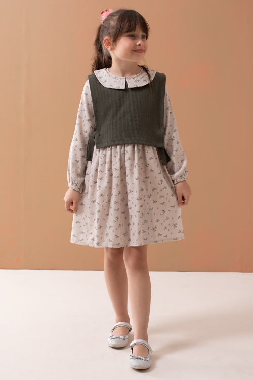 Haki Çiçek Desenli Süveterli Uzun Kol Kız Çocuk Elbise 19547