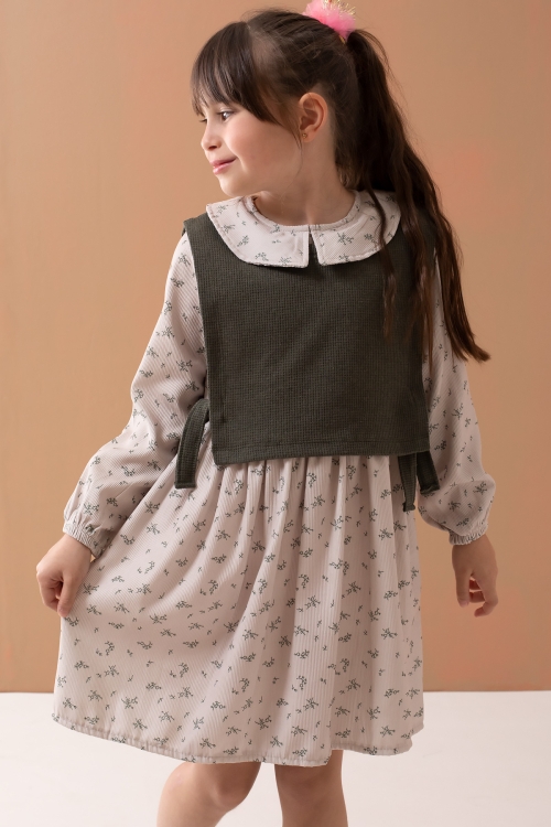 Haki Çiçek Desenli Süveterli Uzun Kol Kız Çocuk Elbise 19547