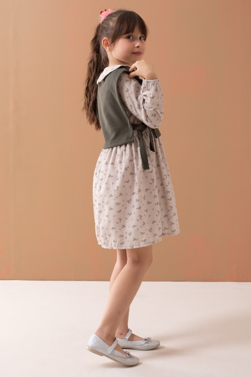 Haki Çiçek Desenli Süveterli Uzun Kol Kız Çocuk Elbise 19547