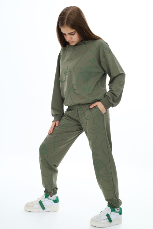 Haki Desenli Kapüşonlu Kız Çocuk Alt Üst Eşofman Takımı 19824