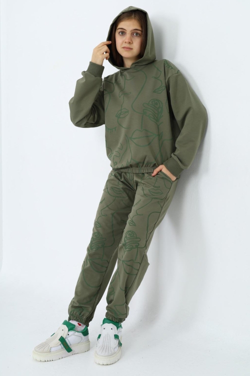 Haki Desenli Kapüşonlu Kız Çocuk Alt Üst Eşofman Takımı 19824