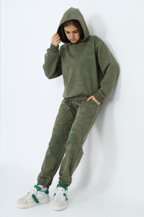 Haki Desenli Kapüşonlu Kız Çocuk Alt Üst Eşofman Takımı 19824