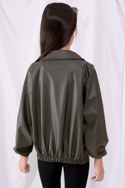 Haki Fermuarlı Fırfır Detaylı Kız Çocuk Deri Ceket 19542