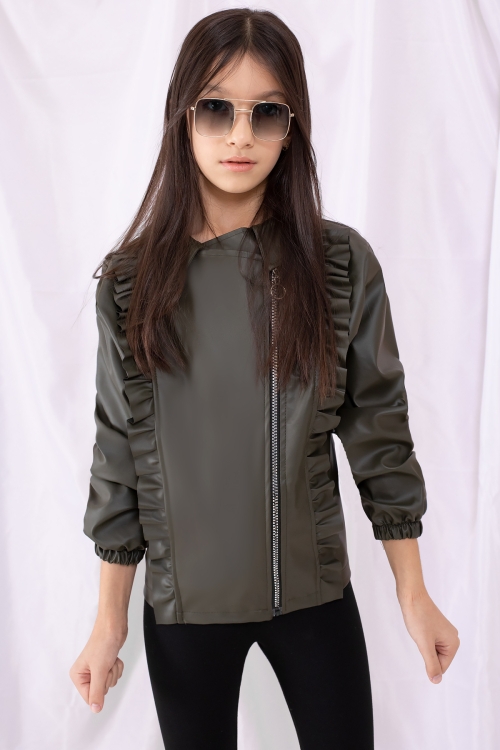 Haki Fermuarlı Fırfır Detaylı Kız Çocuk Deri Ceket 19542