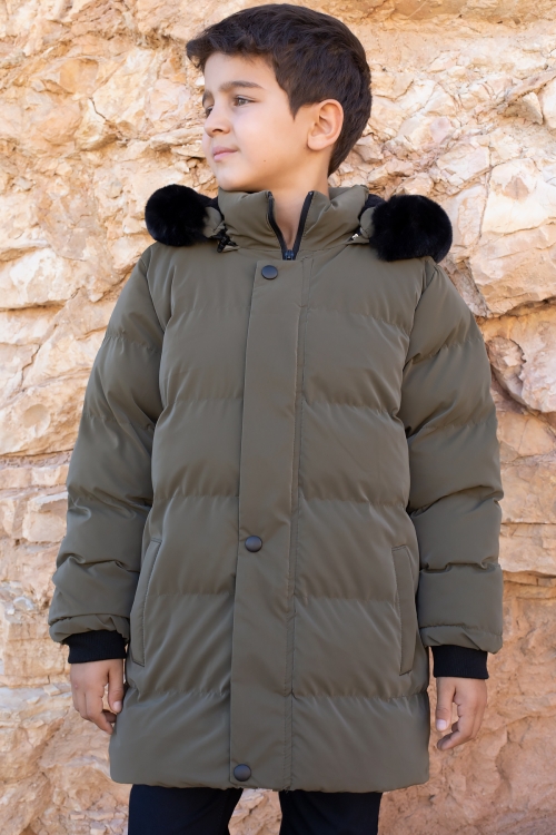 Haki İçi Kürklü Çıkarılabilir Kapüşonlu Erkek Çocuk Şişme Mont 19695