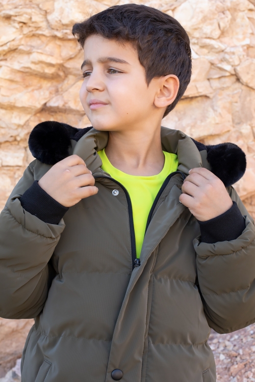 Haki İçi Kürklü Çıkarılabilir Kapüşonlu Erkek Çocuk Şişme Mont 19695