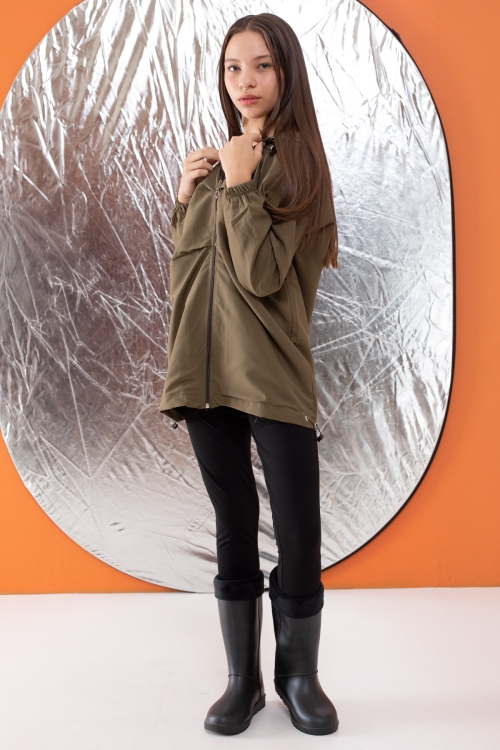 Haki Kapüşonlu Fermuarlı Kız Çocuk Paraşüt Hırka 18500