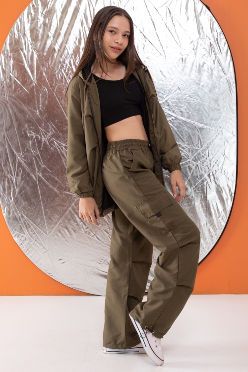 Haki Kapüşonlu Hırkalı Kız Çocuk Paraşüt Eşofman Takımı 19531